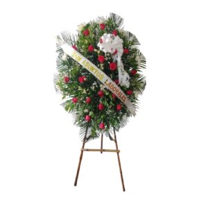 PEDESTAL ROSA ROJA Y CHIROSA BLANCA