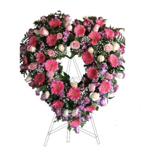 CORANA FUNEBRE EN FORMA DE CORAZON EN ROSA GERBERA Y ORQUIDEA