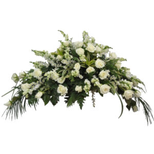 CUBRE CAJON FUNEBRE EN ROSA BLANCA Y BOCAS DE DRAGÓN