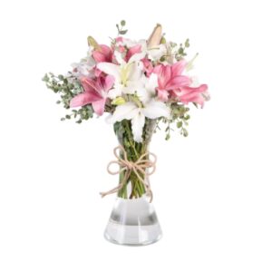 JARRÓN CON LIRIOS BLANCOS Y ROSADOS